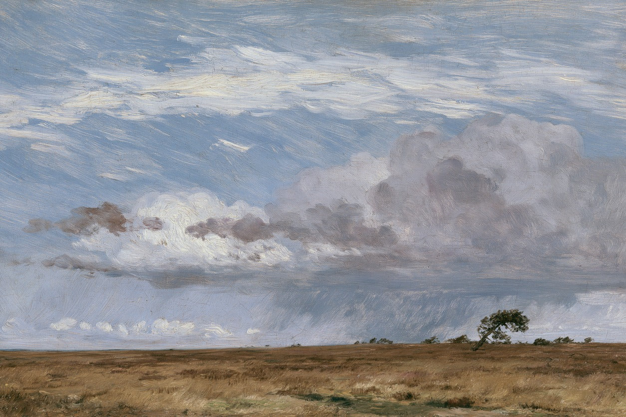 Low brown grassland beneath immense gray rain clouds and a wide blue sky