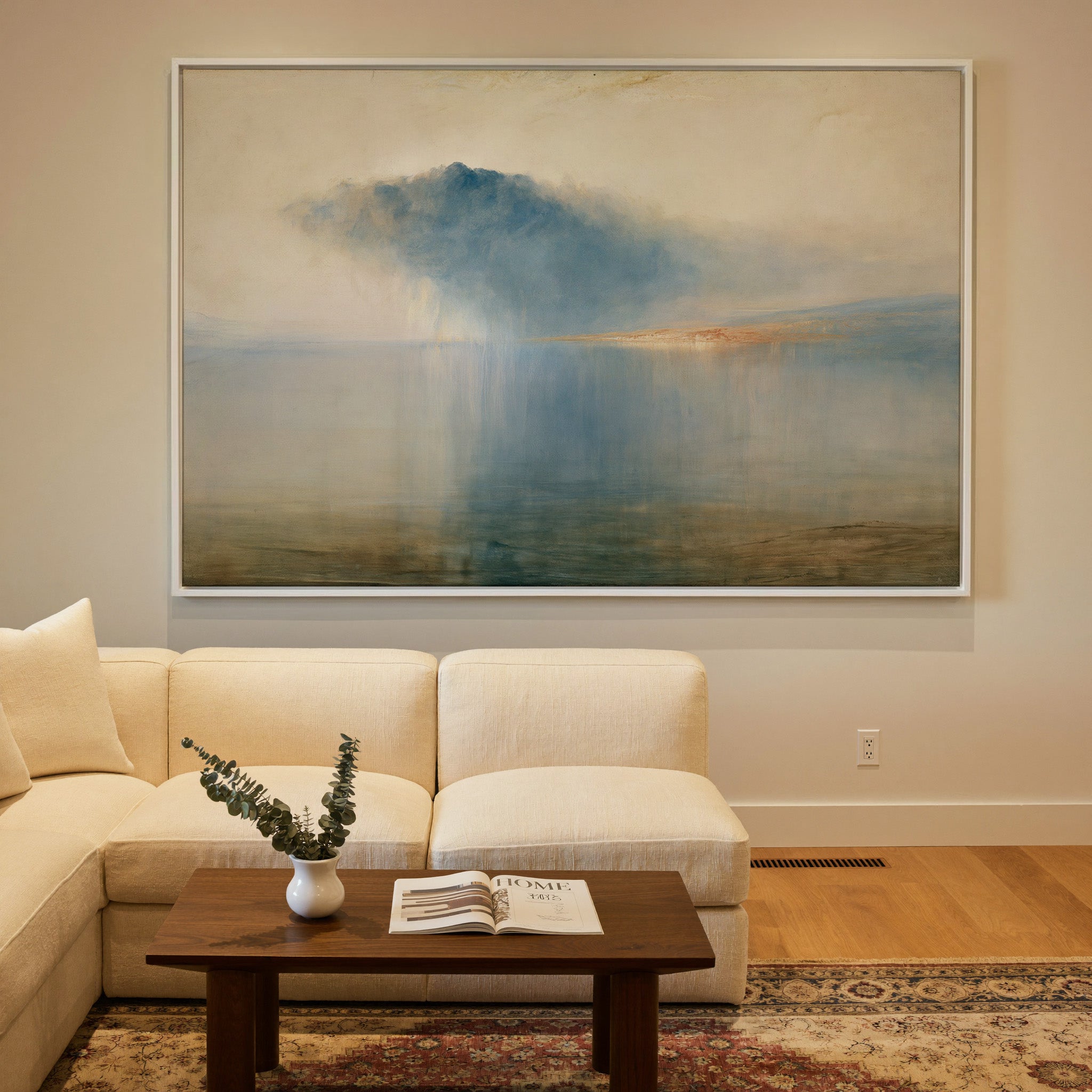 blue storm cloud over still water canvas wall art in a white frame in a styled room setting