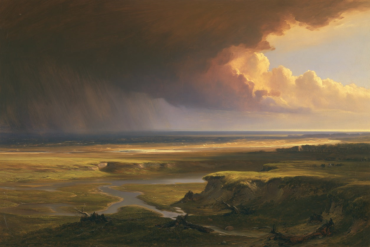 Dark rain clouds over a broad coastal plain with winding water and bright horizon light