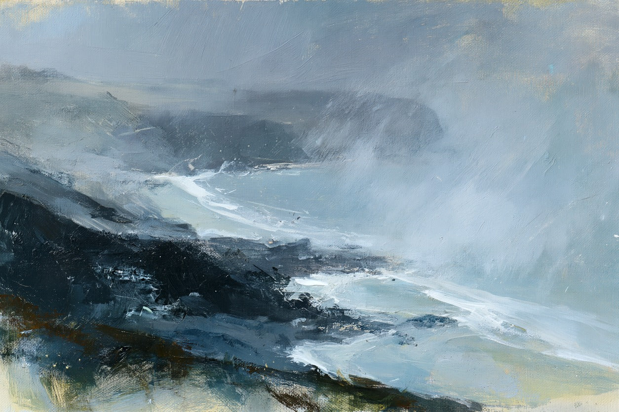 Windswept coastal headland with dark rock ledges, pale surf, and blue gray rain
