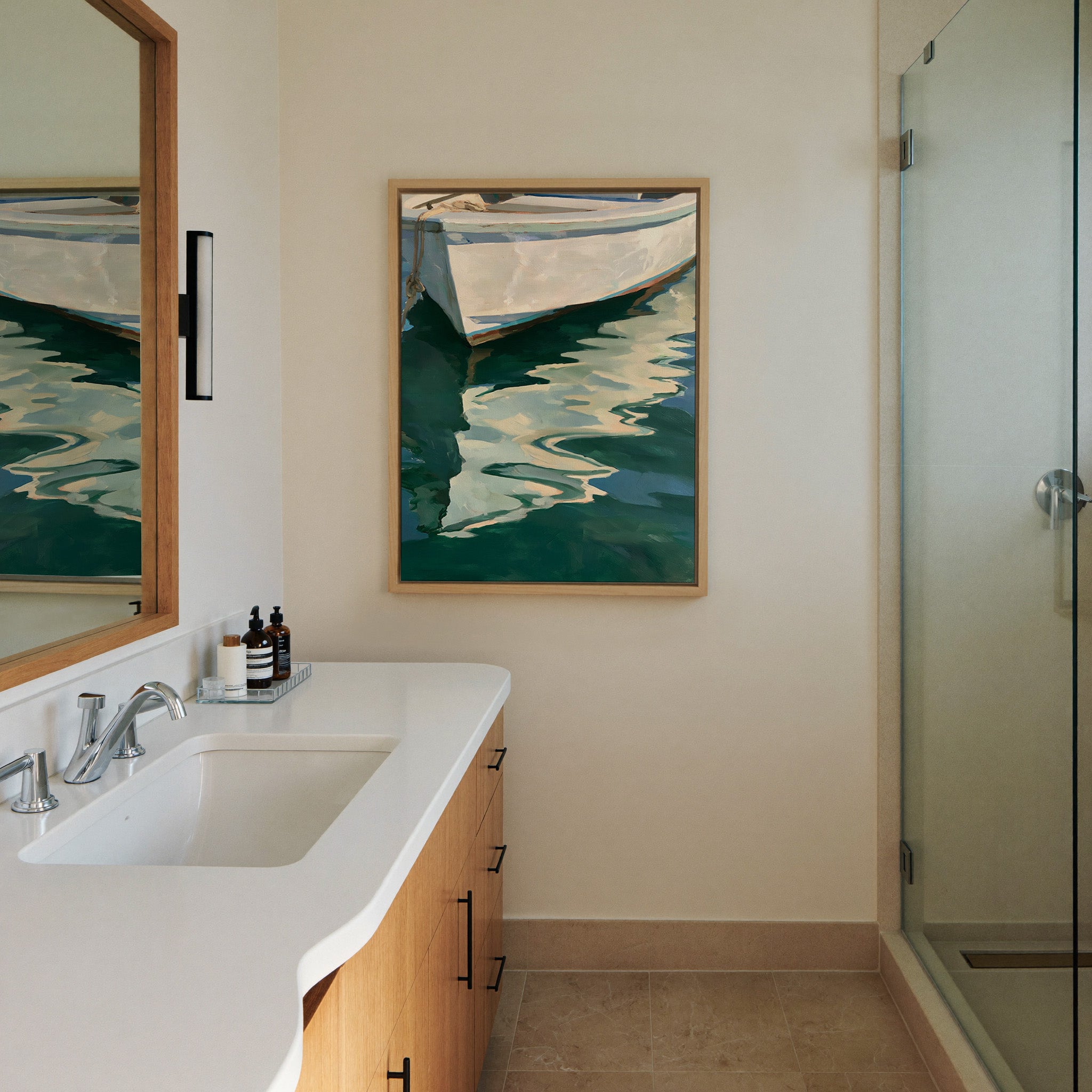 white boat hull over deep green water canvas wall art in a natural wood frame in a styled room setting