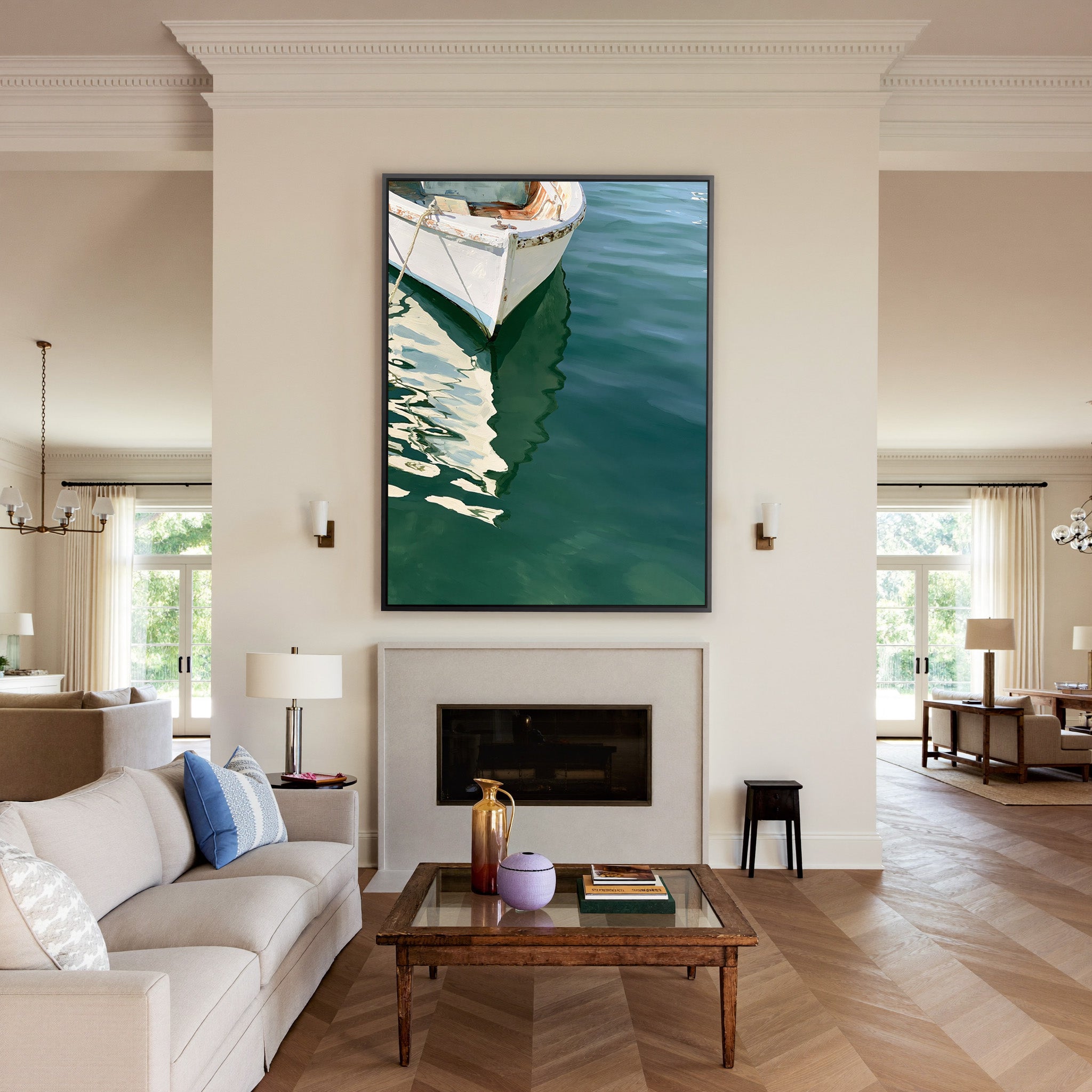 cropped white bow over deep green water canvas wall art in a black frame above a mantel