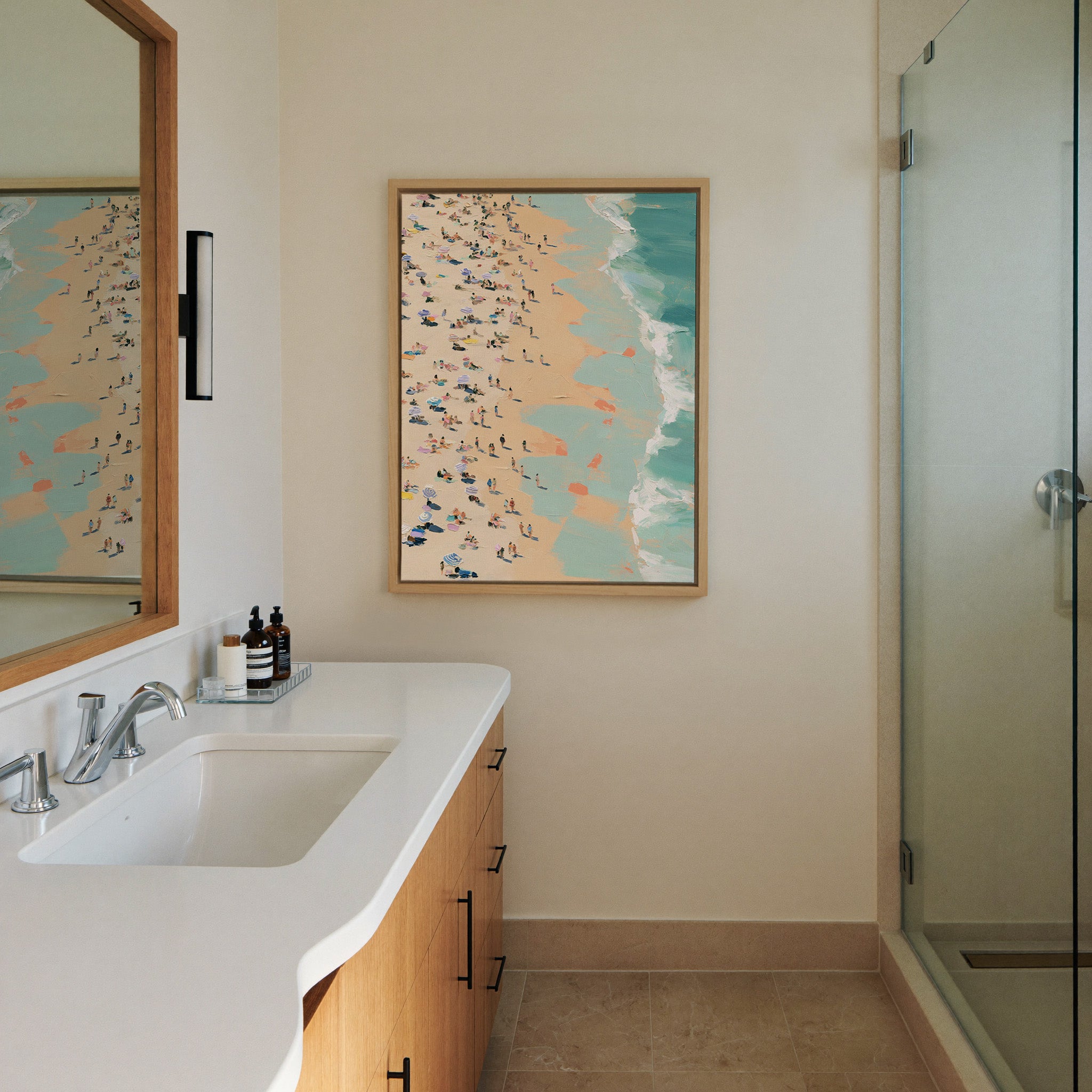 sunlit beach with turquoise surf canvas wall art in a natural wood frame in a styled room setting