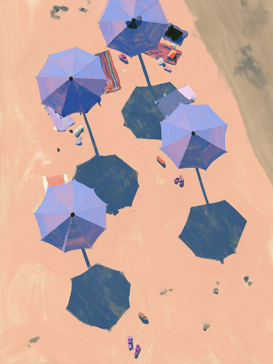 Four lavender beach umbrellas casting long navy shadows across peach sand