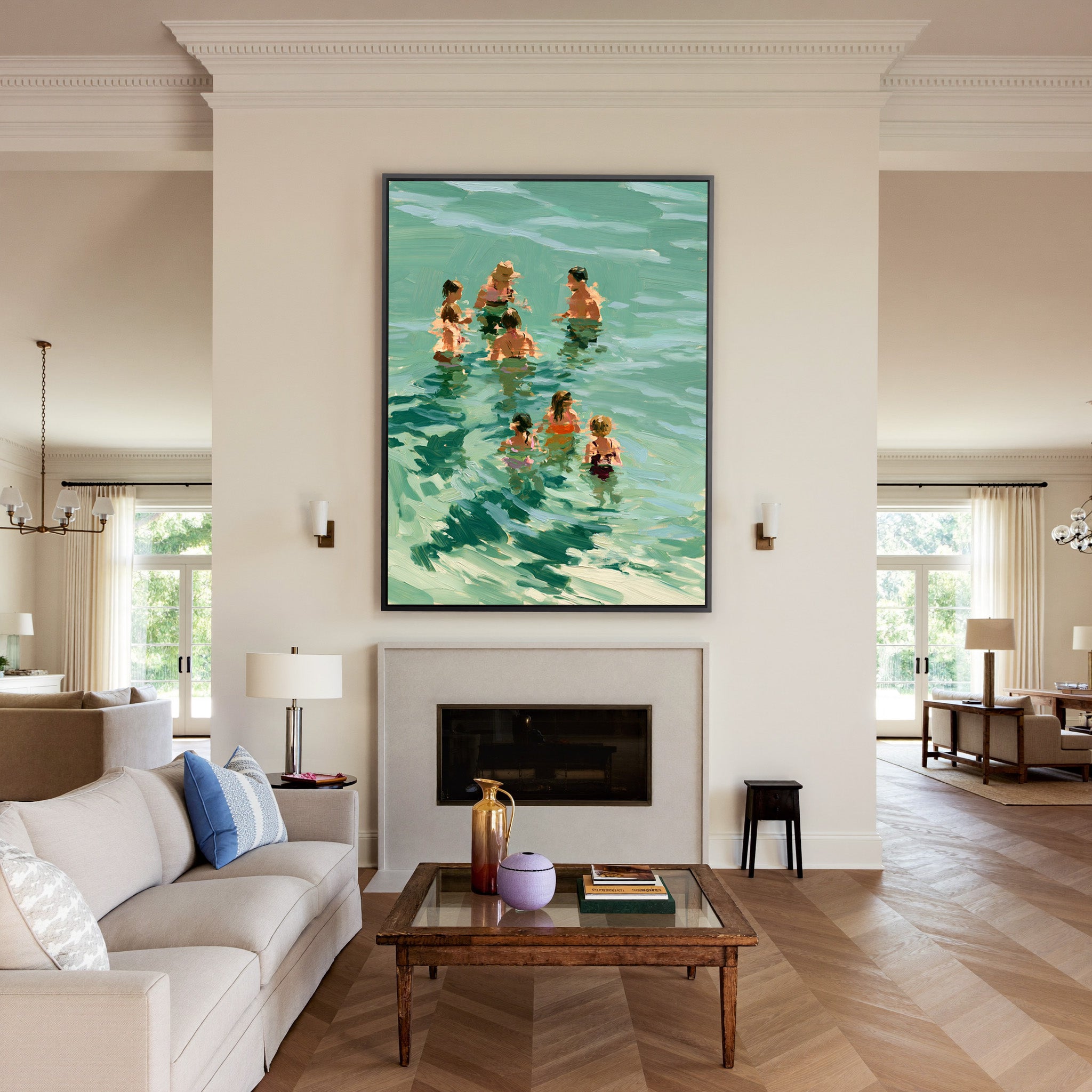 group of bathers in translucent green water canvas wall art in a black frame above a mantel