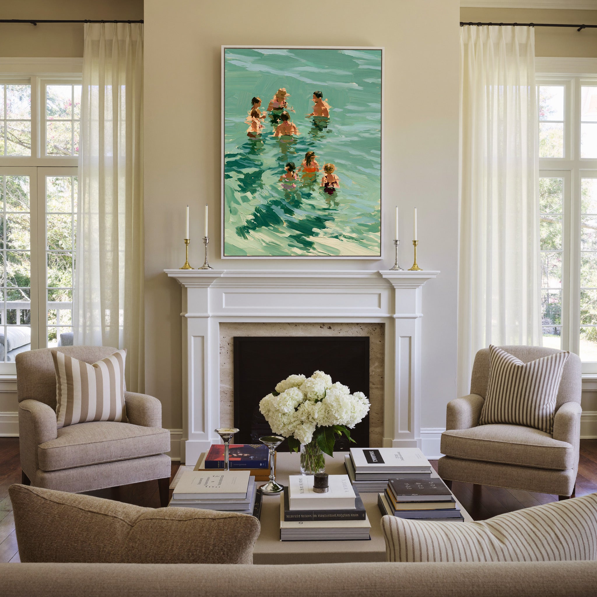 group of bathers in translucent green water canvas wall art in a white frame above a mantel
