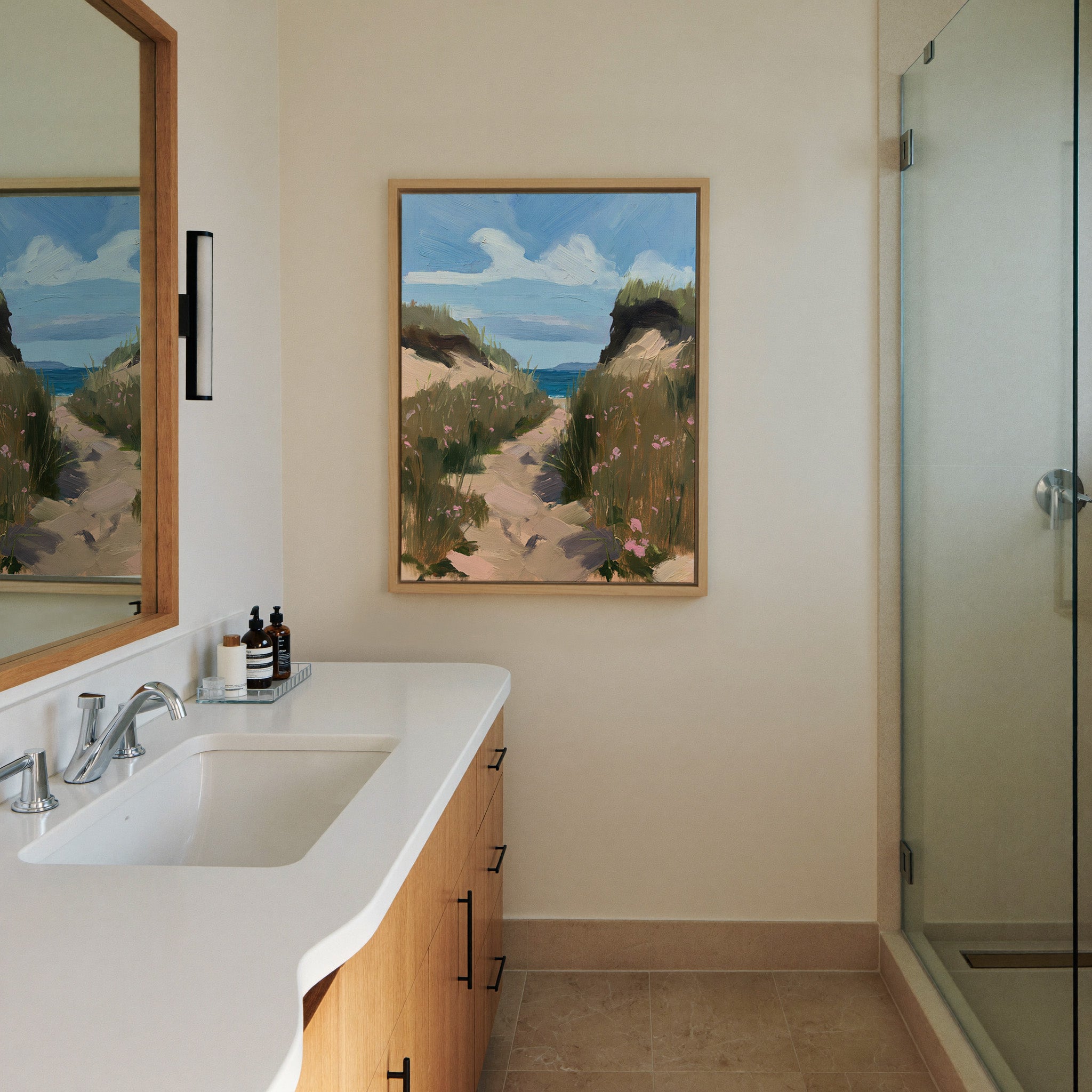 windswept coastal path with dune canvas wall art in a natural wood frame in a styled room setting