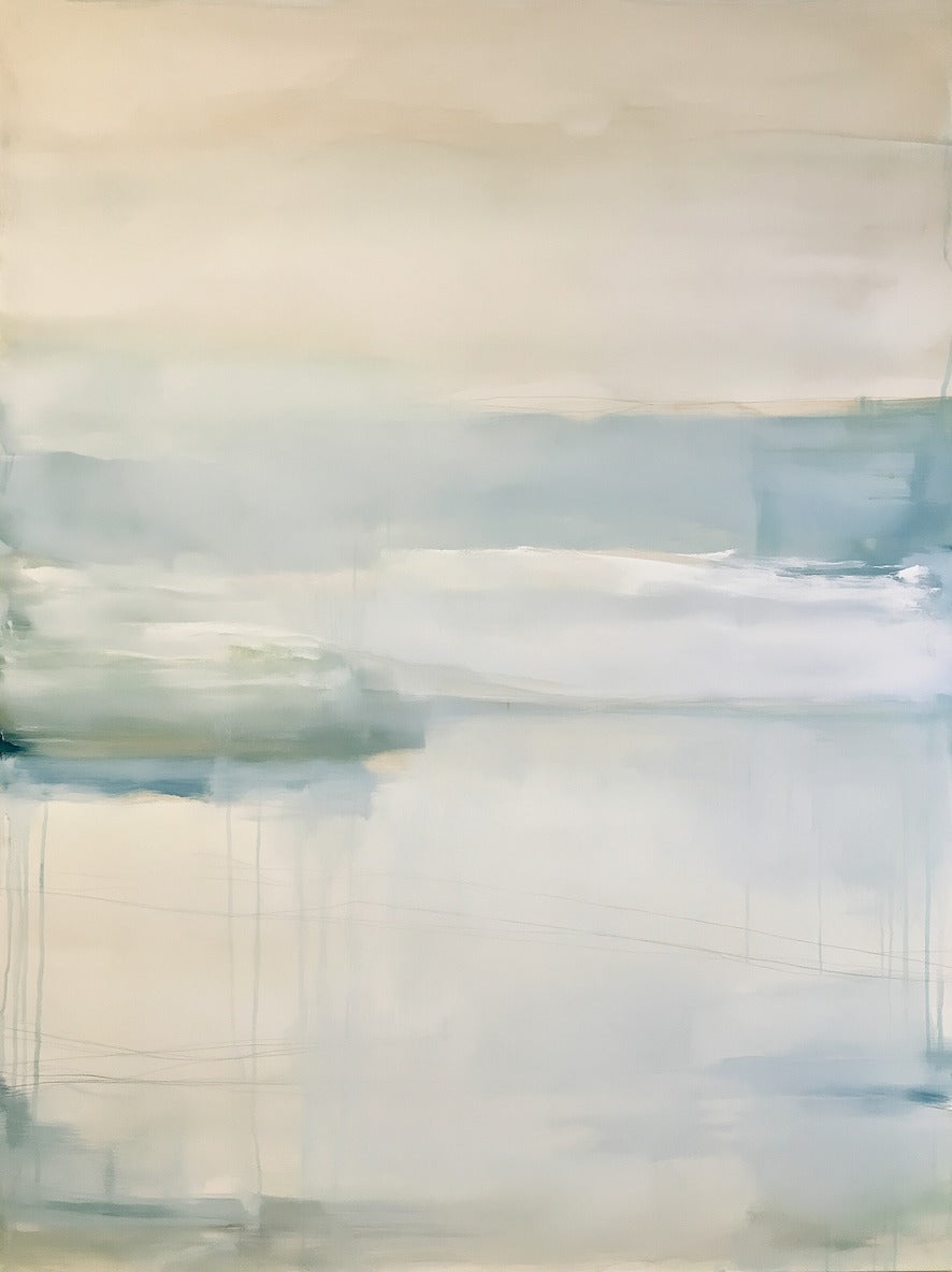 Soft cream and pale blue bands with faint drips across a misty abstract field