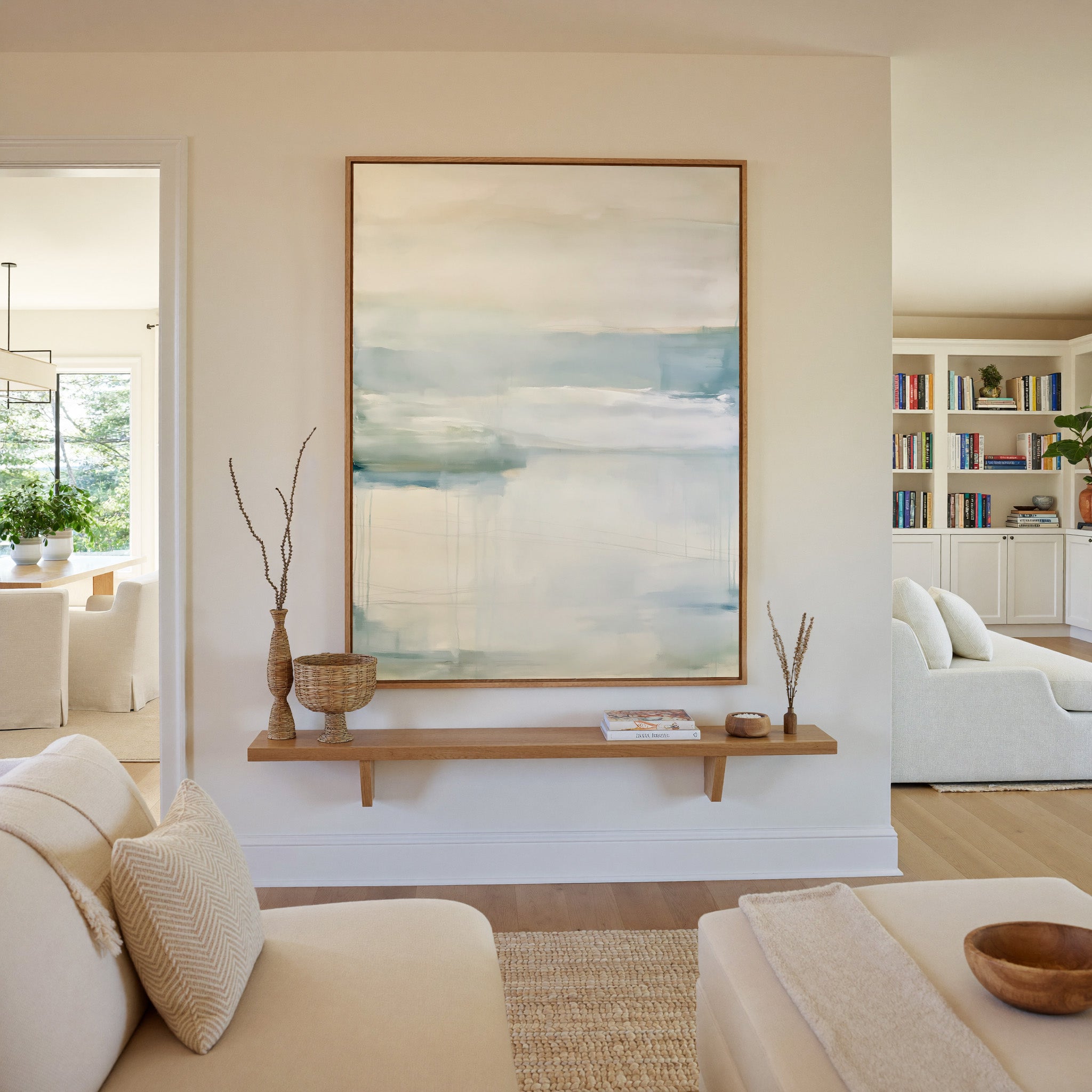 soft cream and blue abstract with misty canvas wall art in an oak frame in a living room