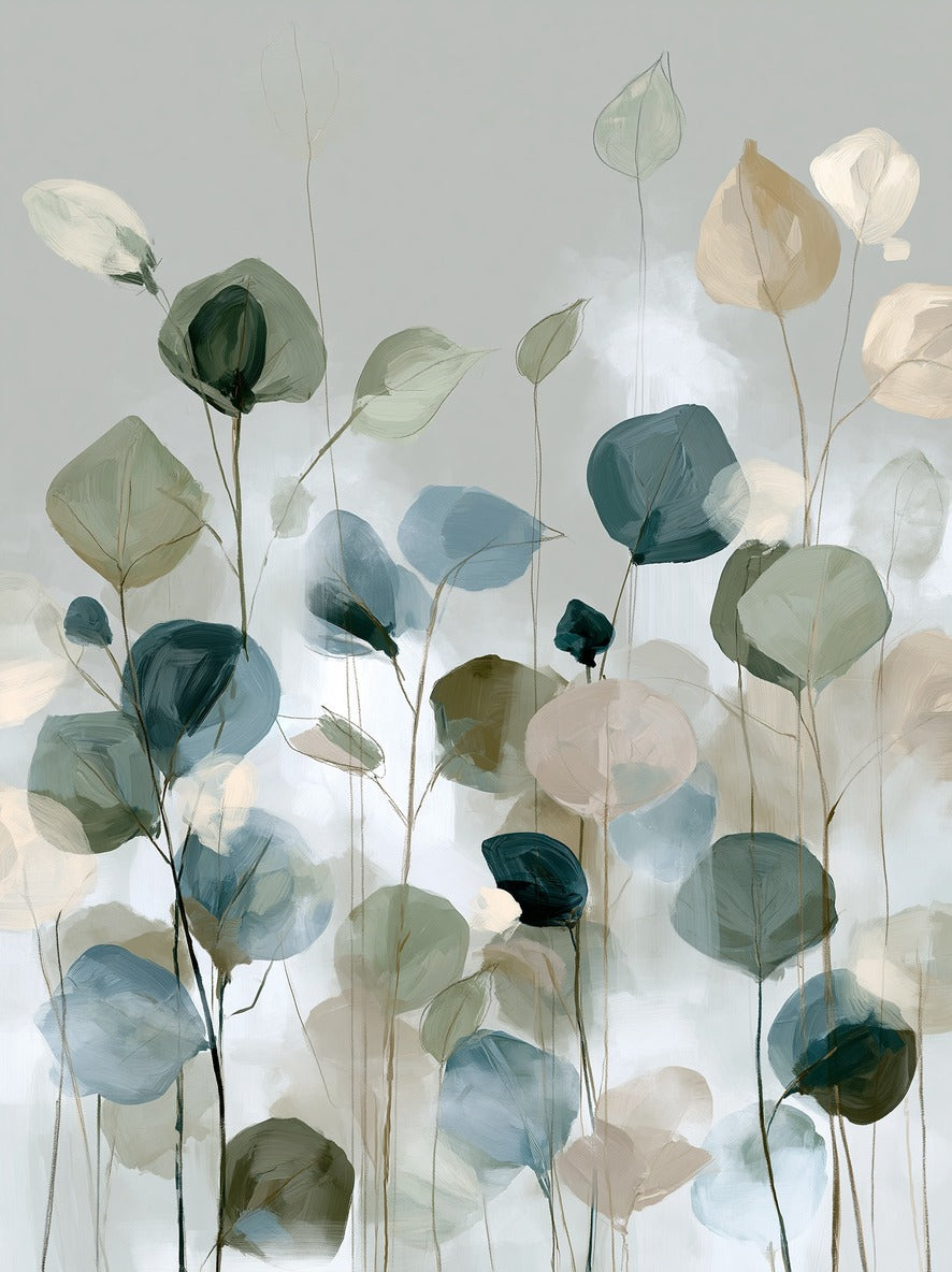 Tall eucalyptus like leaves in sage, blue-gray, cream, and deep green on a pale ground