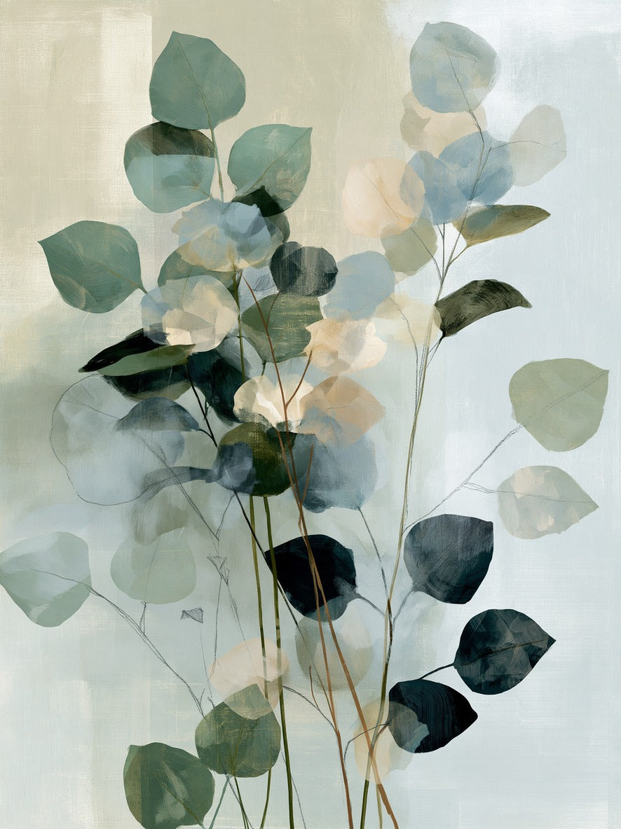 Eucalyptus-like leaves in blue green, cream, and charcoal on thin stems against a pale ground