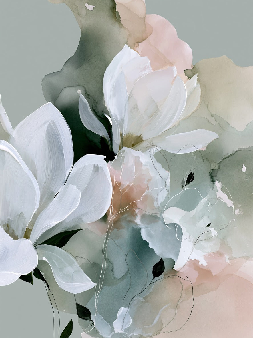 Large white blossoms over sage, blush, and cream layers with dark green leaves