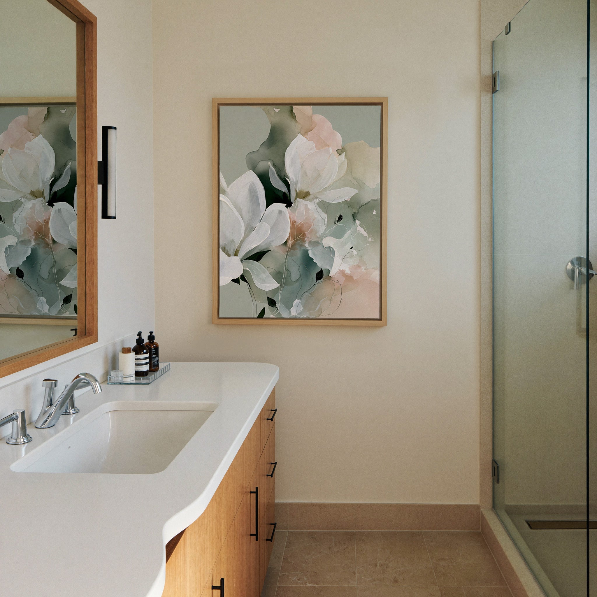 white blossoms over sage and blush layers canvas wall art in a natural wood frame in a styled room setting
