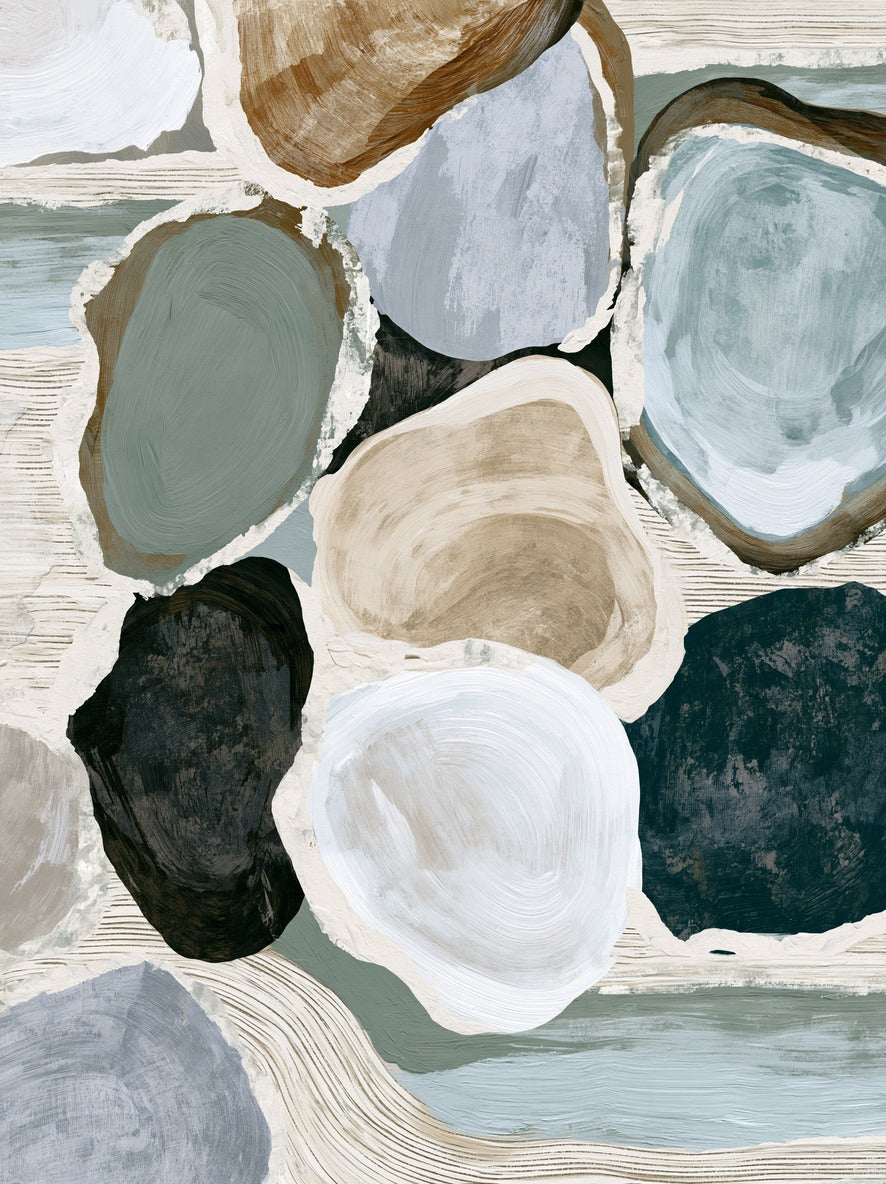 Overlapping oyster shell shapes in cream, sage, slate, and deep teal across a pale striped ground