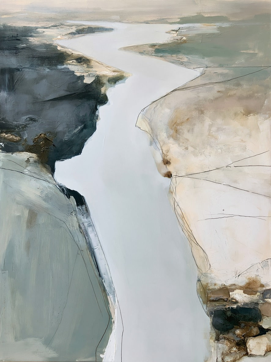 Pale river channel between slate left bank and sand cream right bank, abstract coastal view