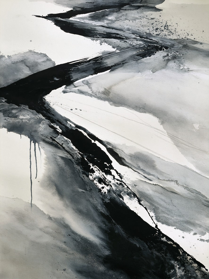 Black diagonal bands and gray washes flow across a white ground in a tall abstract layout