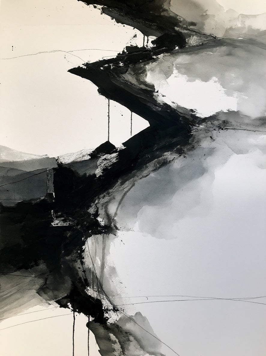 Diagonal black bands with gray washes and open white space in a monochrome abstract