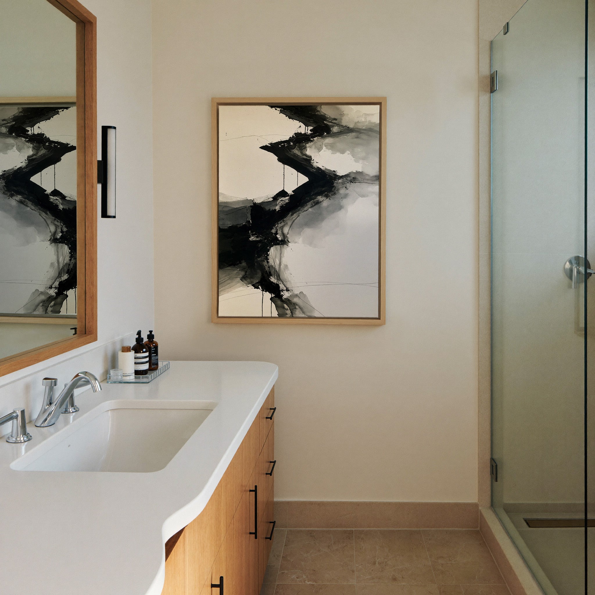 monochrome abstract with diagonal black bands canvas wall art in a natural wood frame in a styled room setting