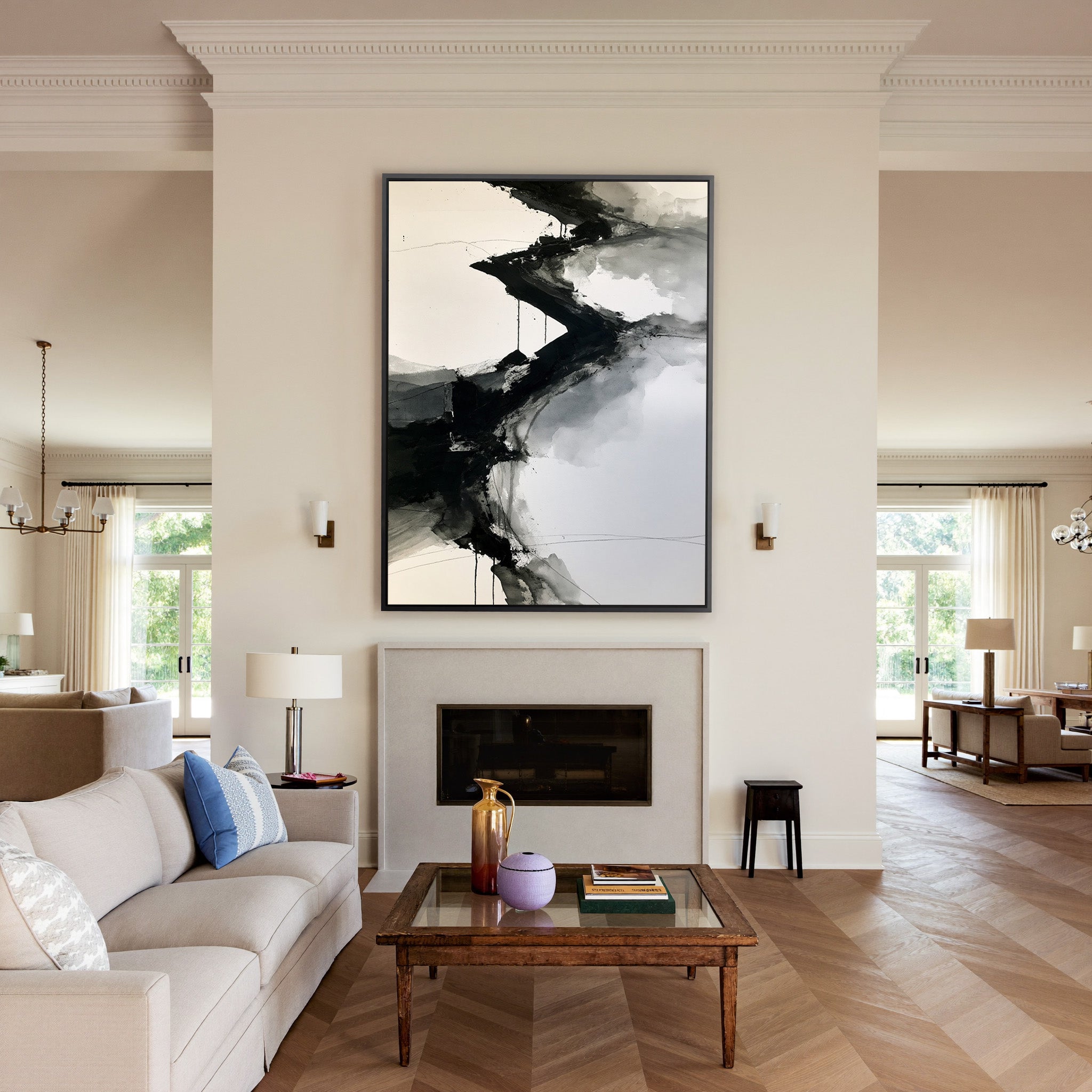 monochrome abstract with diagonal black bands canvas wall art in a black frame above a mantel