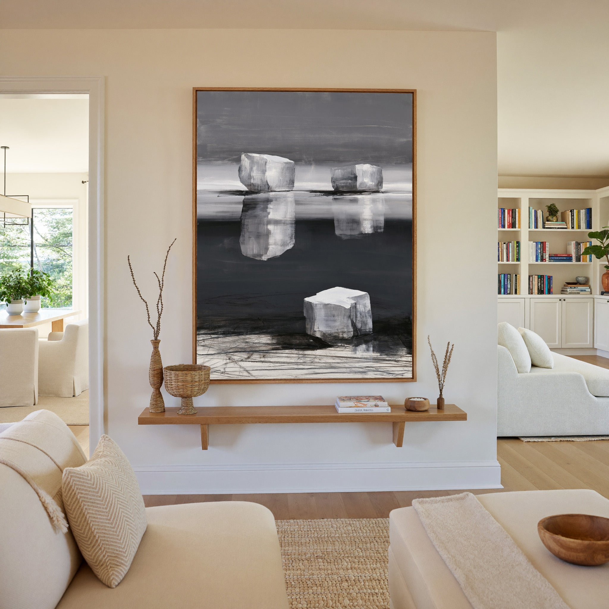 monochrome abstract with pale limestone blocks canvas wall art in an oak frame in a living room