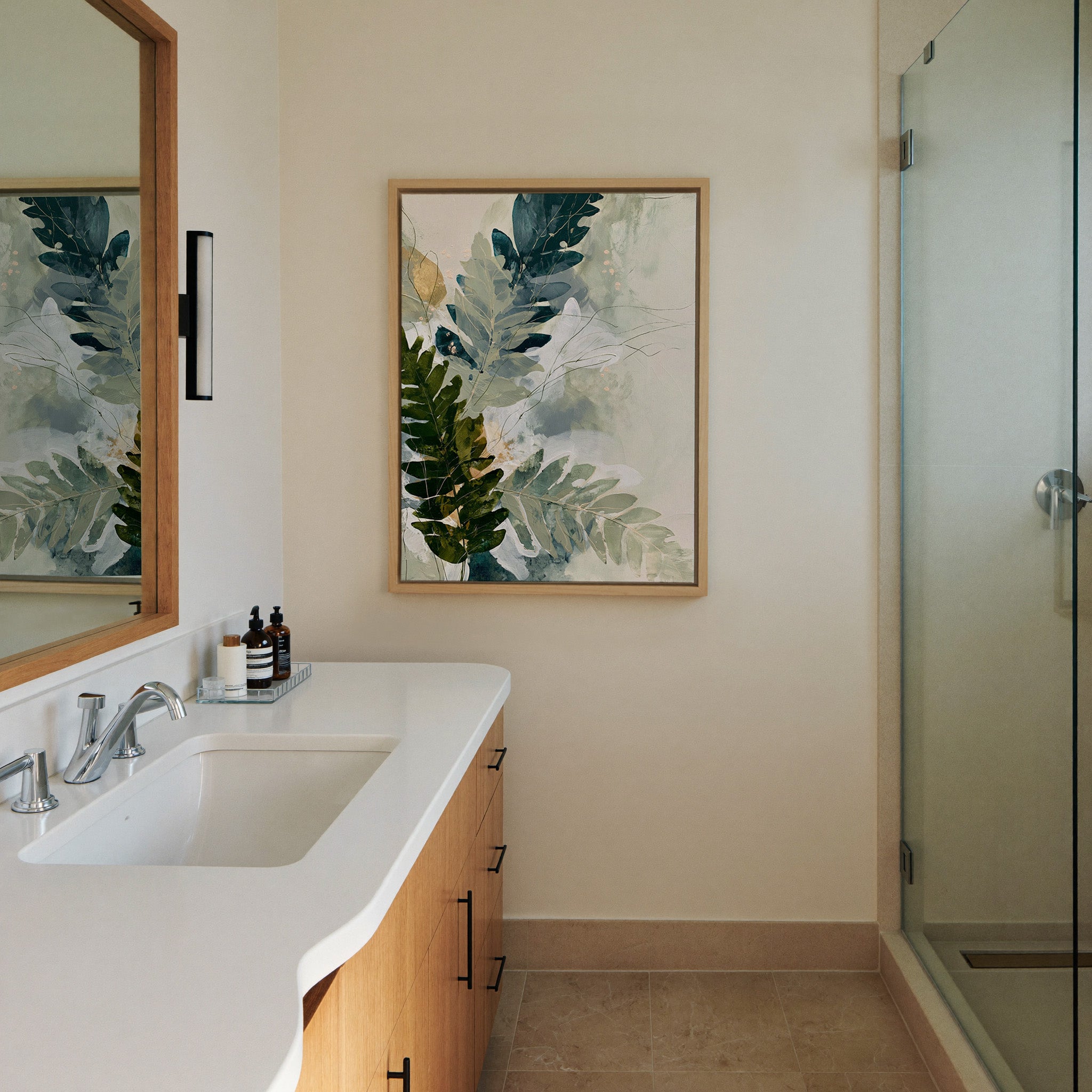 layered fern leaves in sage, canvas wall art in a natural wood frame in a styled room setting