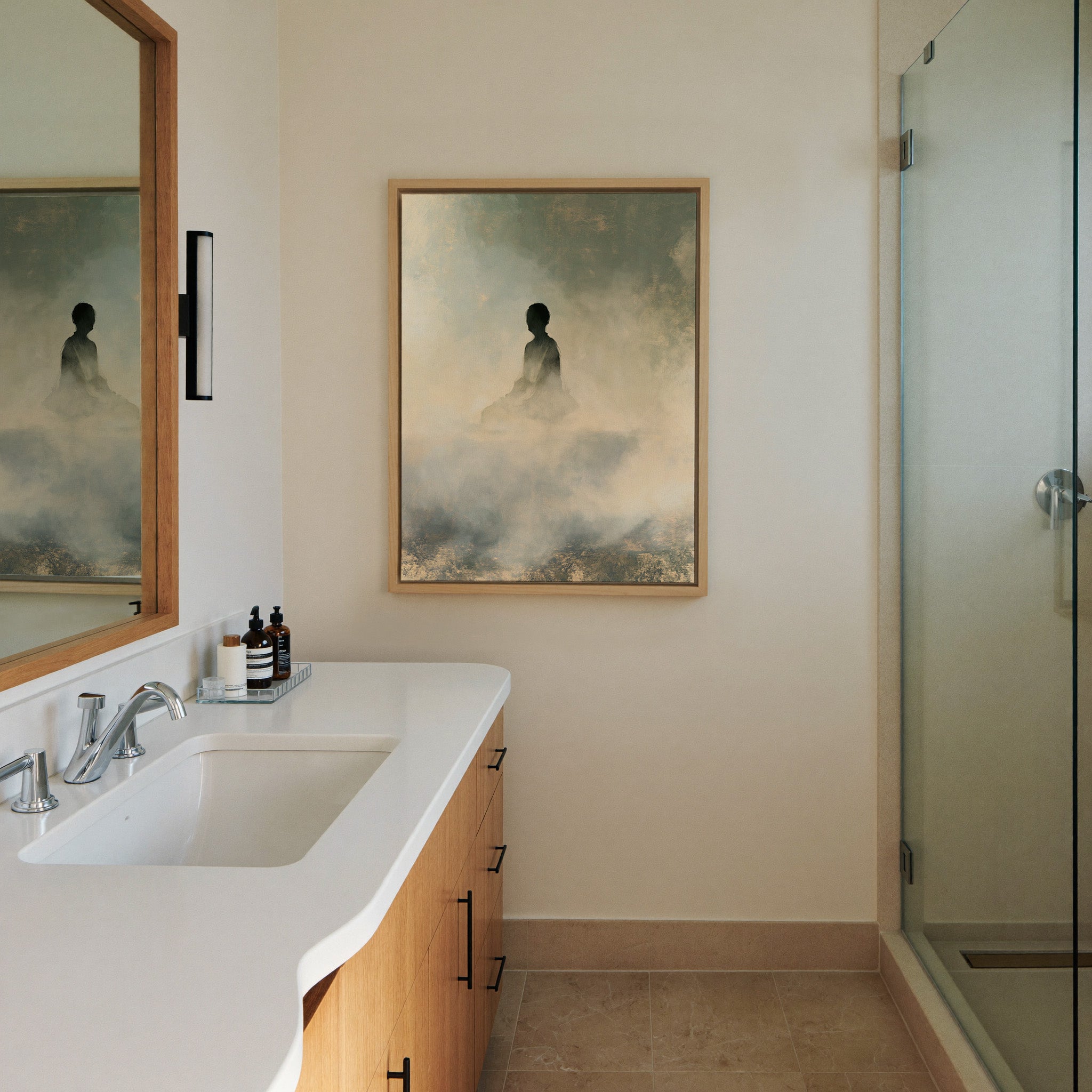 soft gray and cream seated silhouette canvas wall art in a natural wood frame in a styled room setting