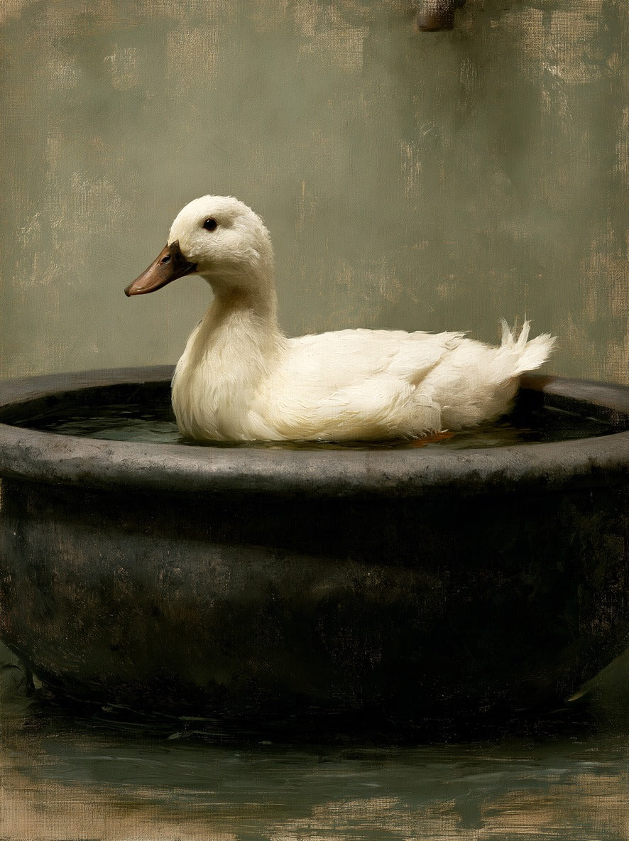 Small white duck resting in a dark round basin against a muted green ground