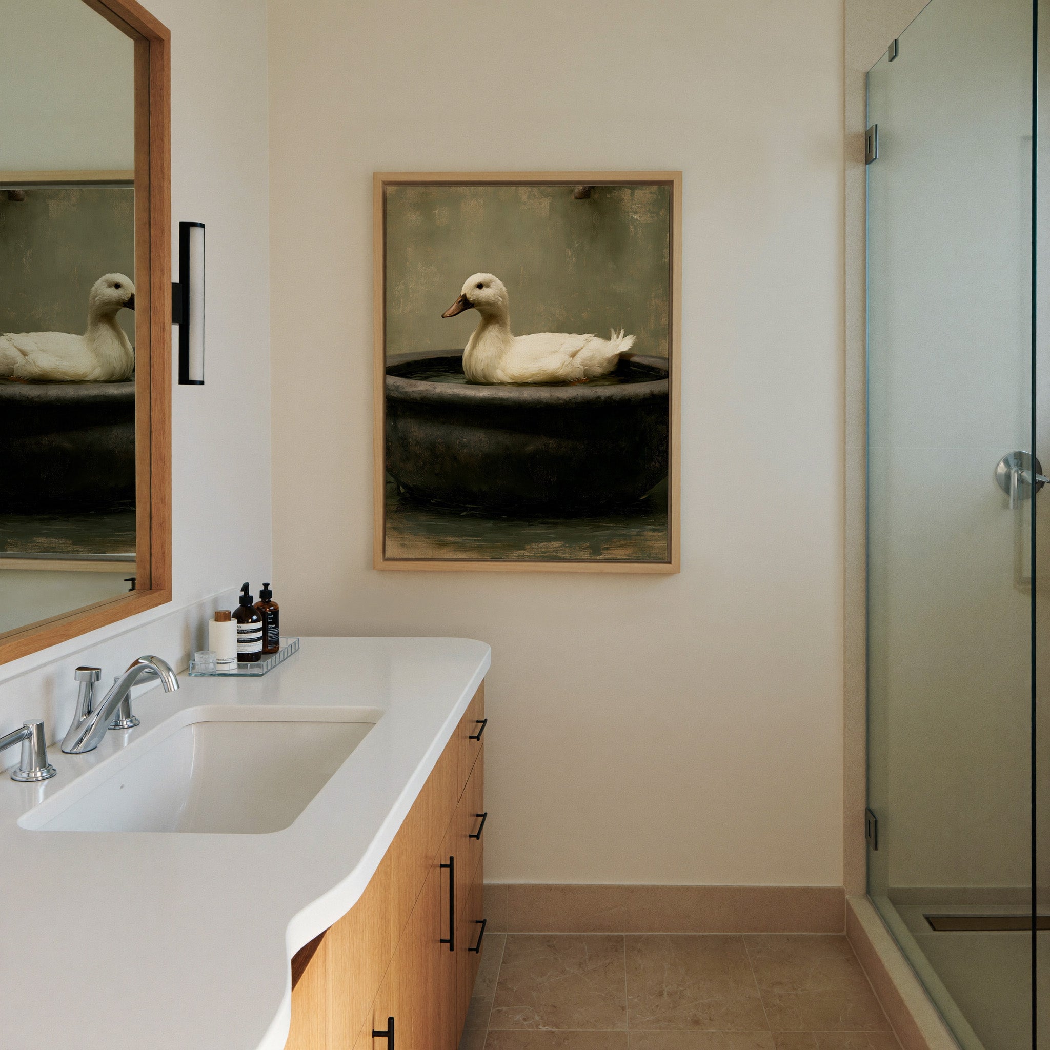 small white duck in a dark basin canvas wall art in a natural wood frame in a styled room setting