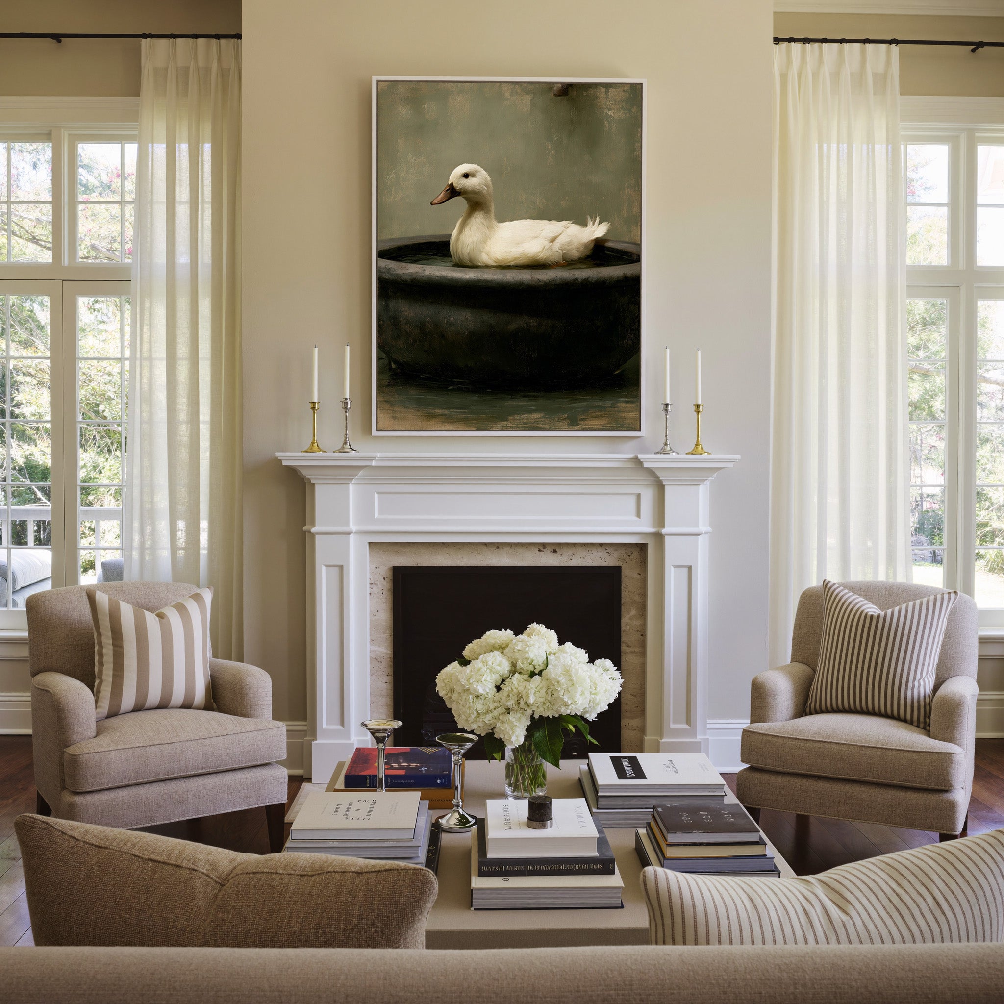 small white duck in a dark basin canvas wall art in a white frame above a mantel