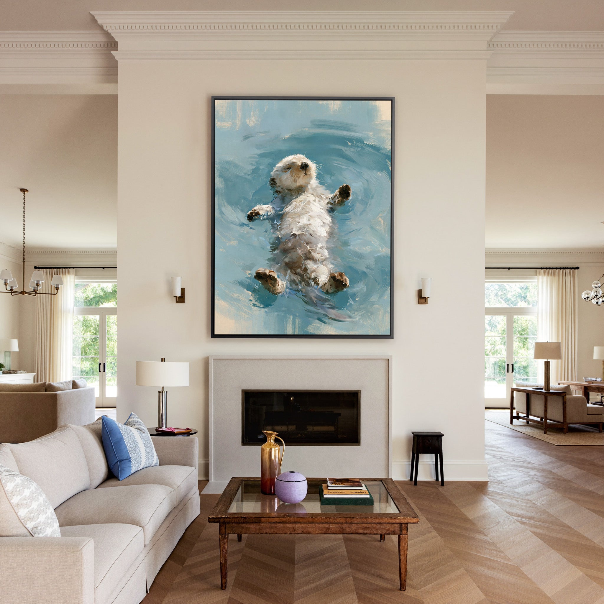 small otter floating on its back in soft gray canvas wall art in a black frame above a mantel