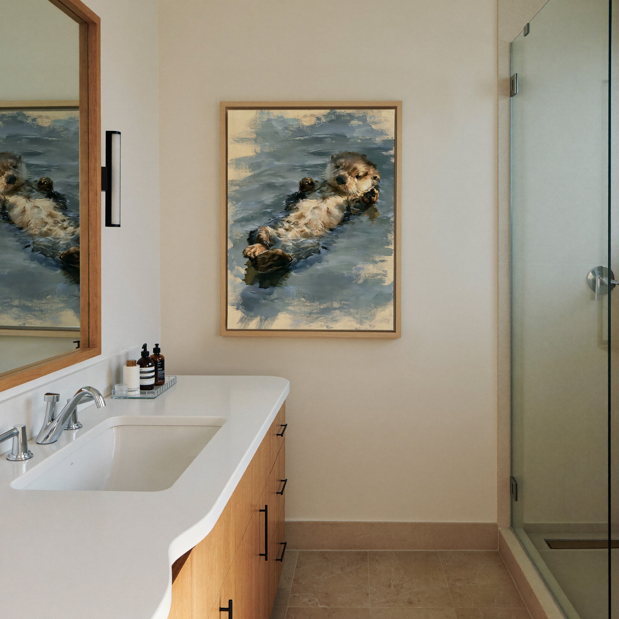 small otter floating on its back in soft grey canvas wall art in a natural wood frame in a styled room setting