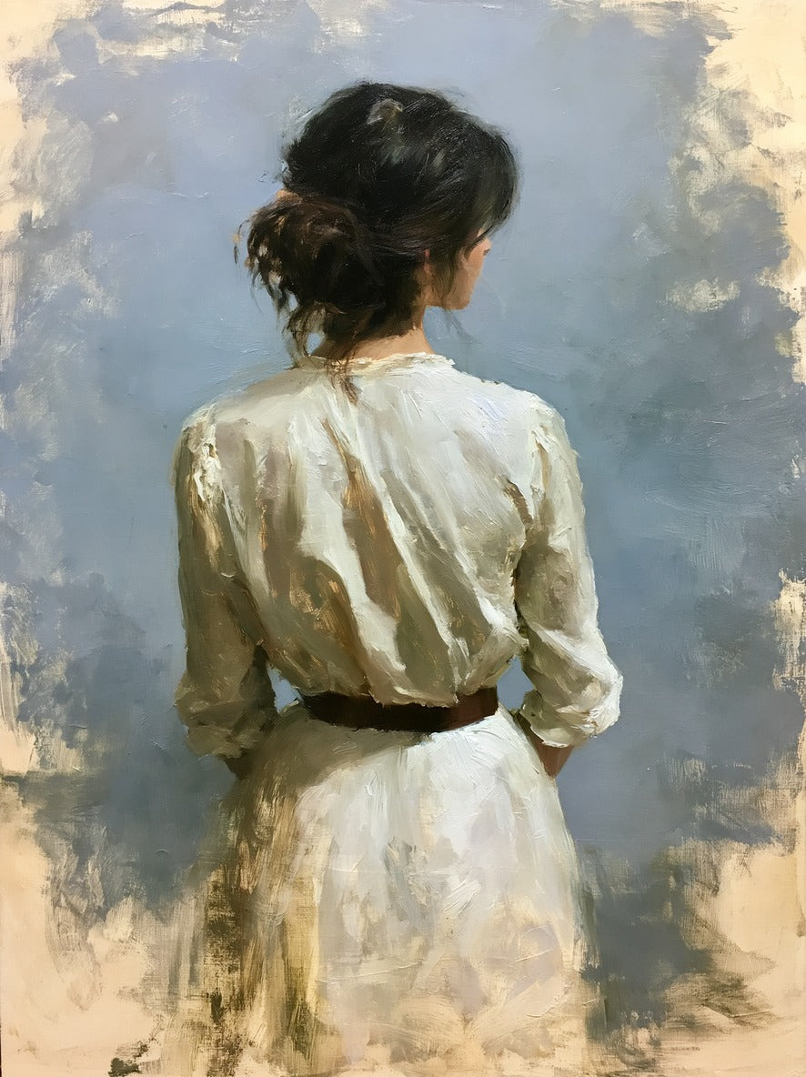 Rear view woman in a white dress with dark hair against a pale blue ground