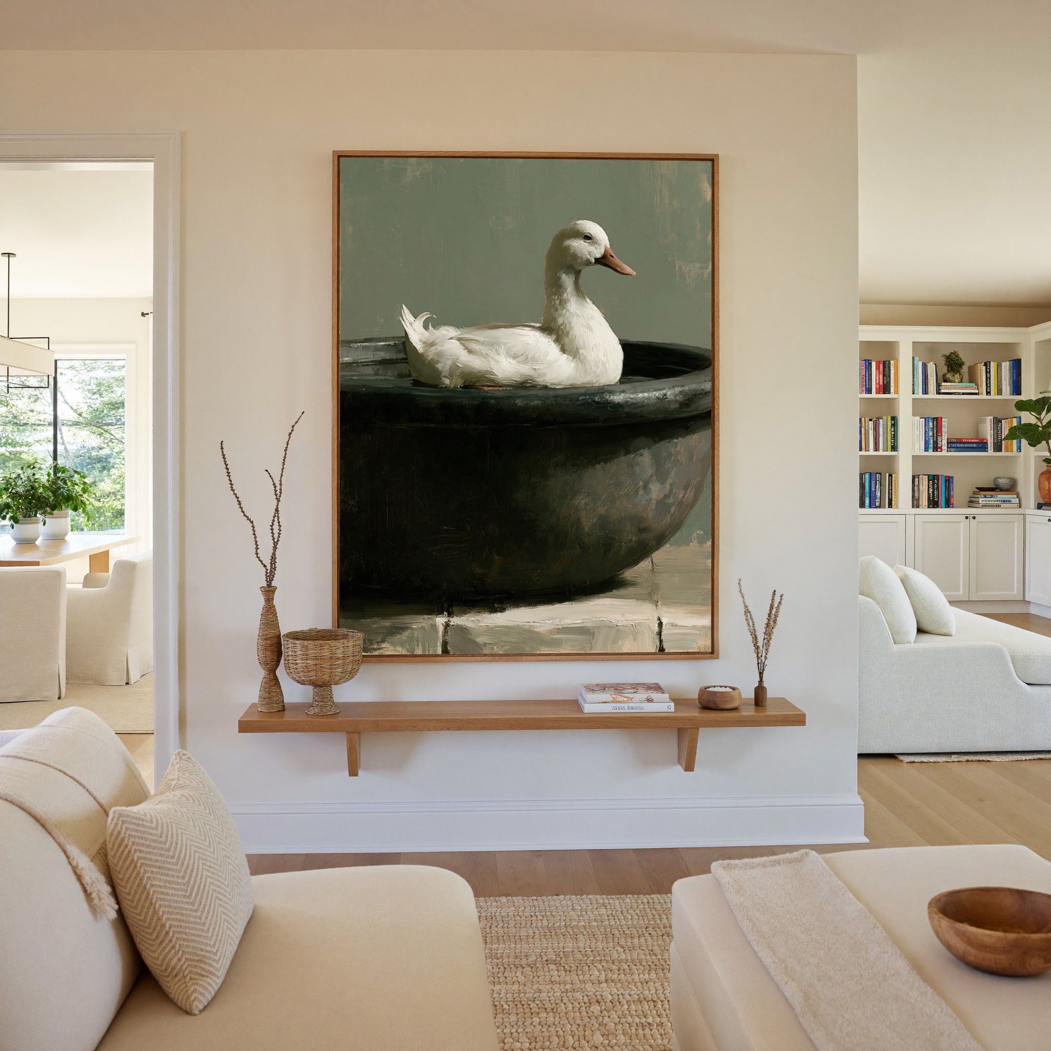 white duck in a dark round basin canvas wall art in an oak frame in a living room