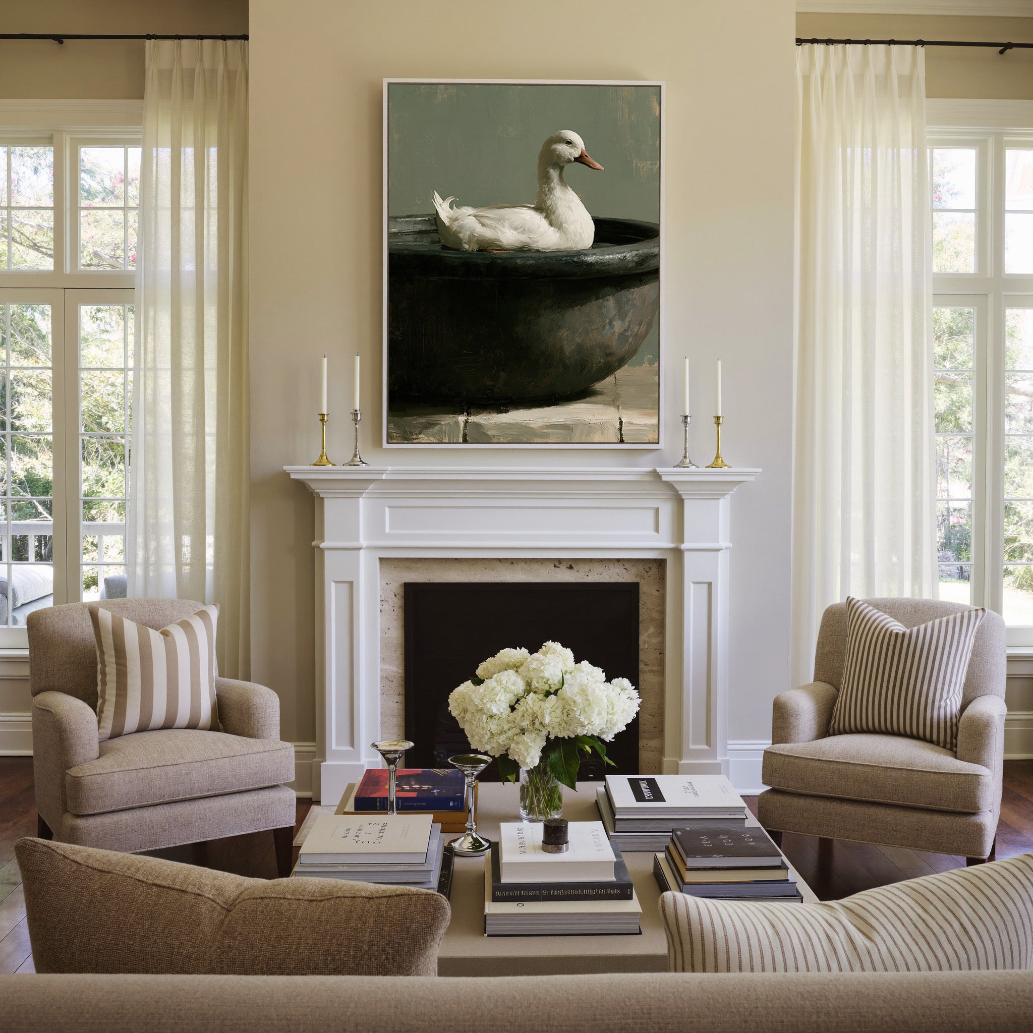 white duck in a dark round basin canvas wall art in a white frame above a mantel