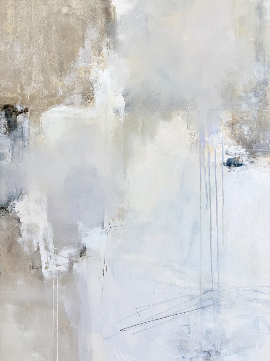 Soft white abstract with beige edges and pale blue-gray drips across a tall field