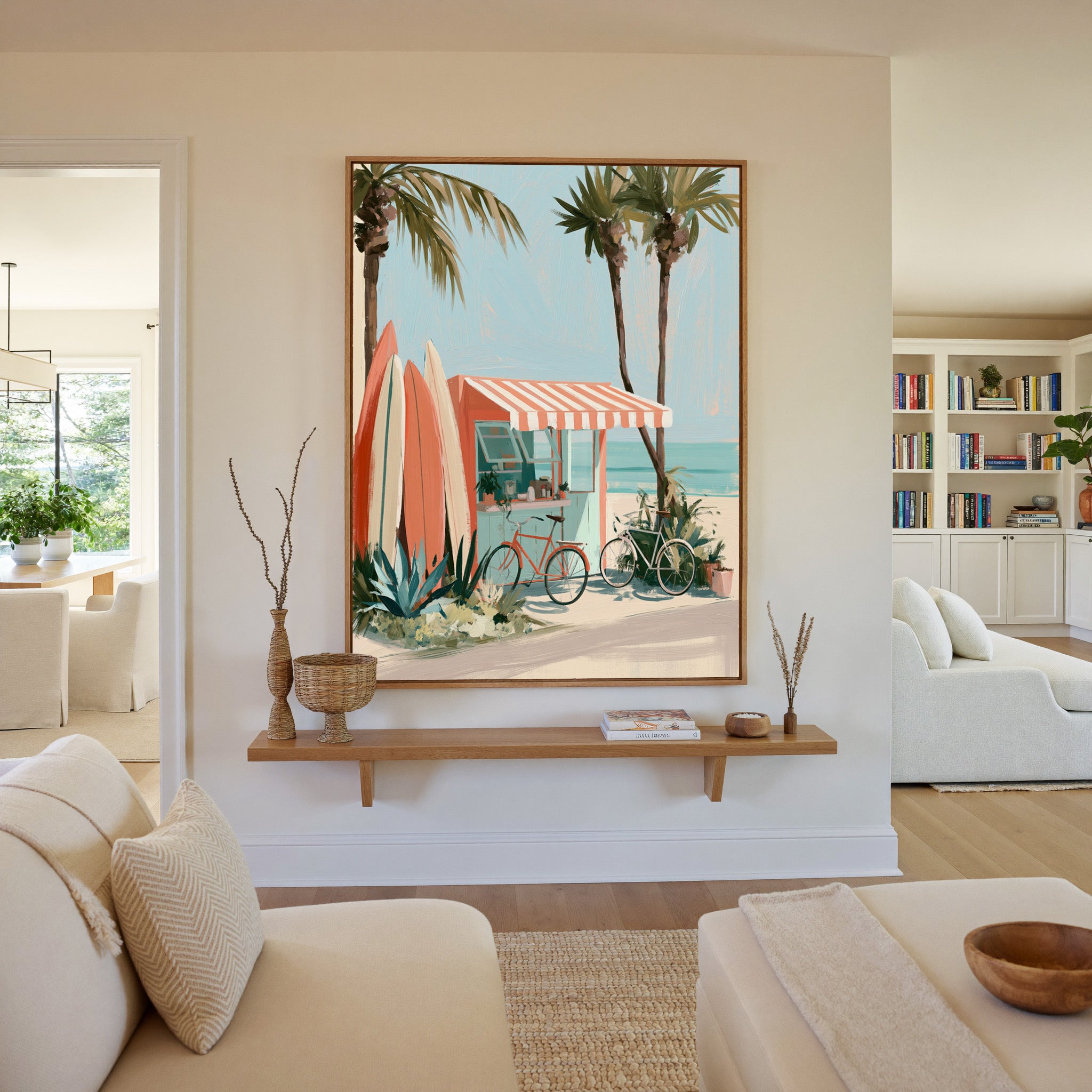 coral kiosk with striped awning and surfboards canvas wall art in an oak frame in a living room