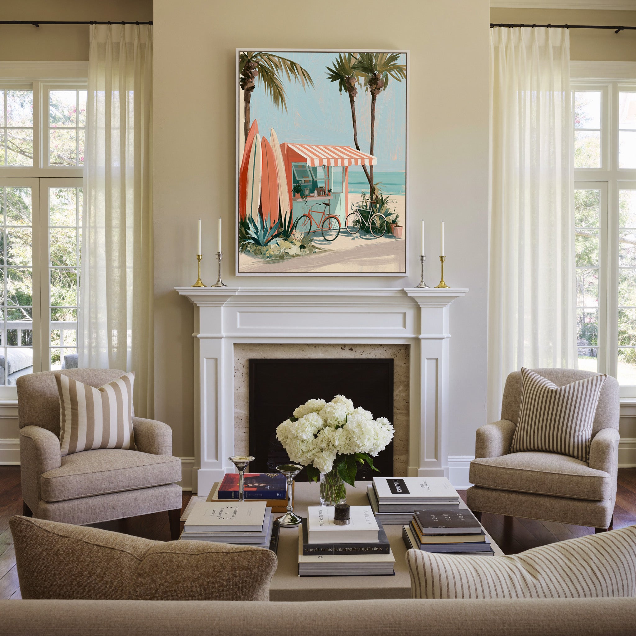 coral kiosk with striped awning and surfboards canvas wall art in a white frame above a mantel