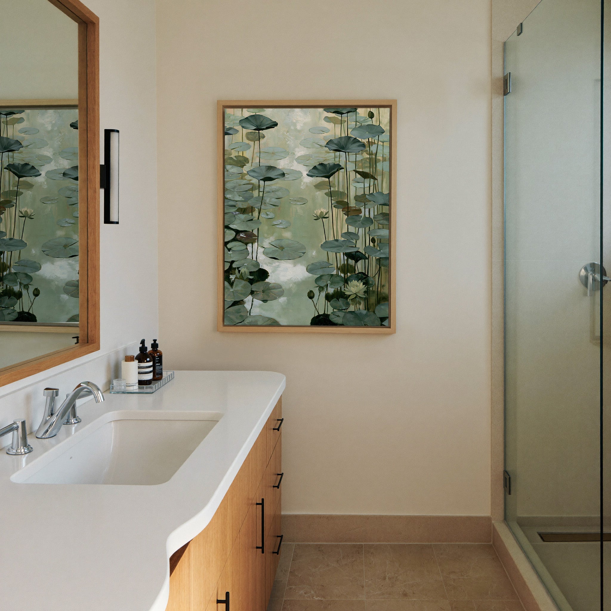 pale green water garden with canvas wall art in a natural wood frame in a styled room setting