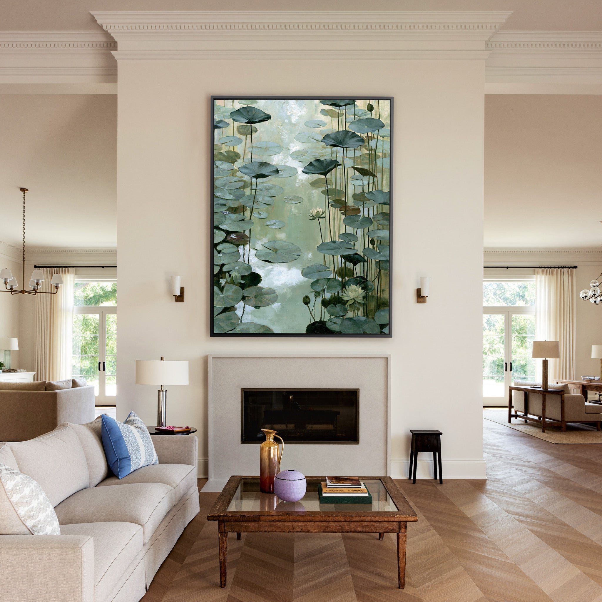 pale green water garden with floating lily pads canvas wall art in a black frame above a mantel