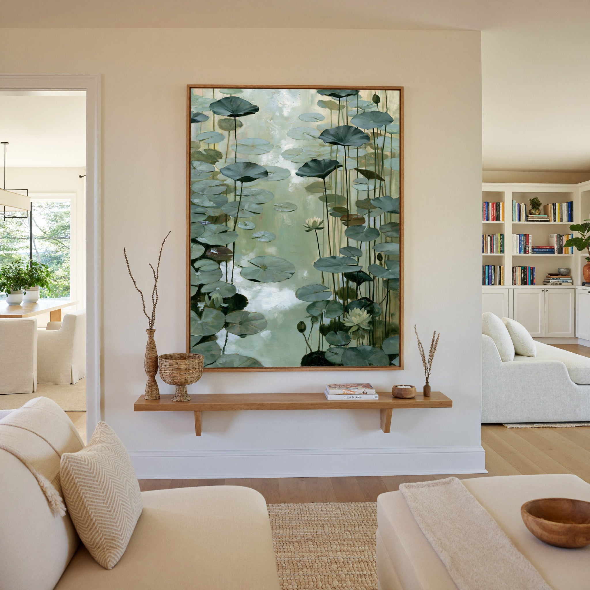 pale green water garden with floating lily pads canvas wall art in an oak frame in a living room