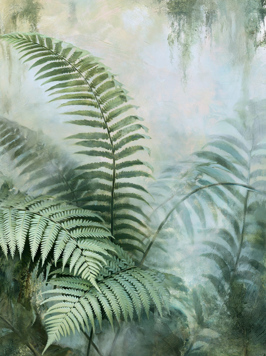 Layered fern fronds in soft green rise through a pale misty cream and blue gray field