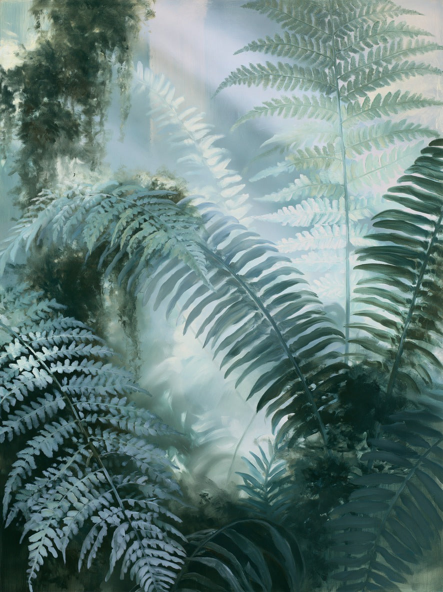 Overlapping fern fronds in soft green and blue gray with bright misted openings