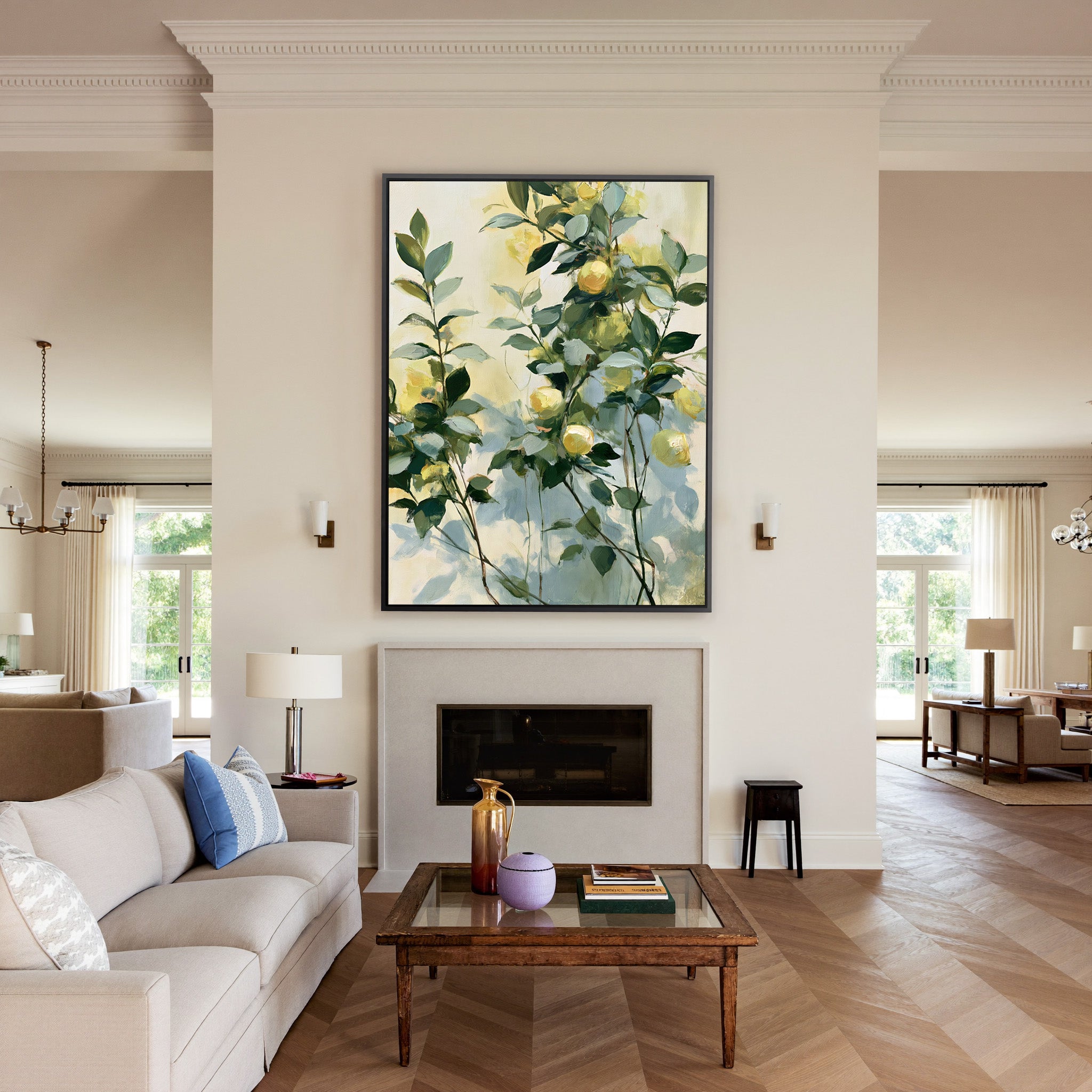 soft lemon and green botanical abstract canvas wall art in a black frame above a mantel