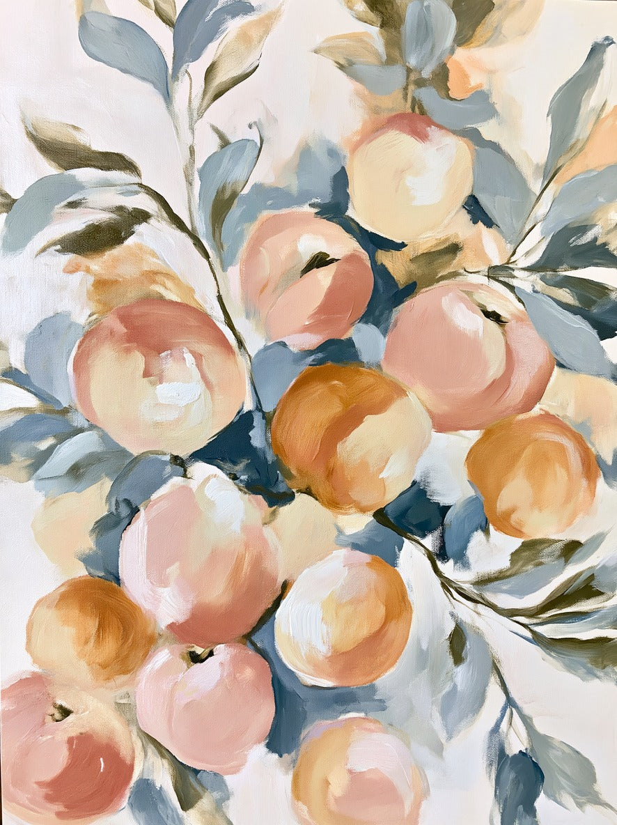 Clustered peaches and apricots in blush, cream, and orange with blue green leaves on a pale ground