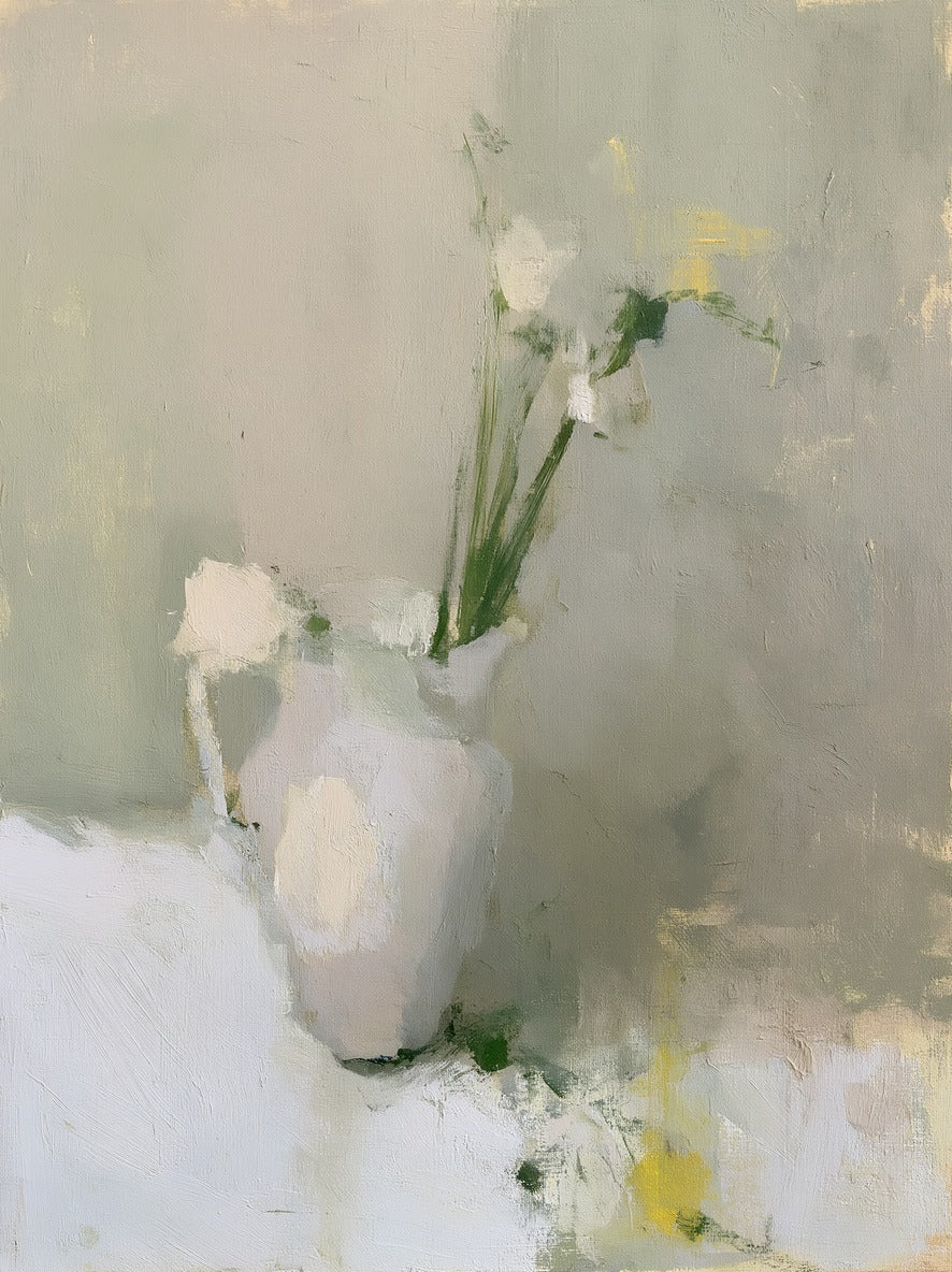 White pitcher with tall green stems against a pale gray-green ground and soft yellow marks