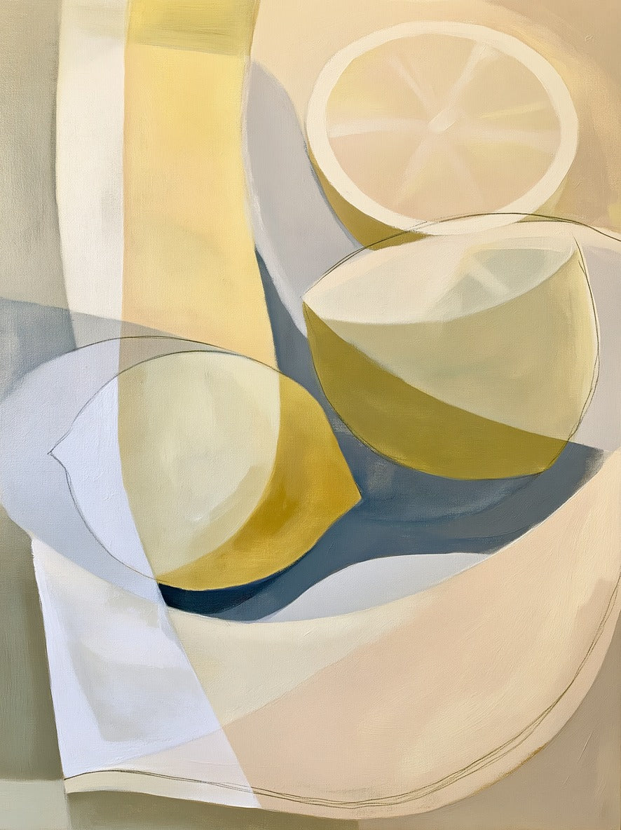Cream and yellow abstract still life with curved forms, blue-gray band, and pale ring