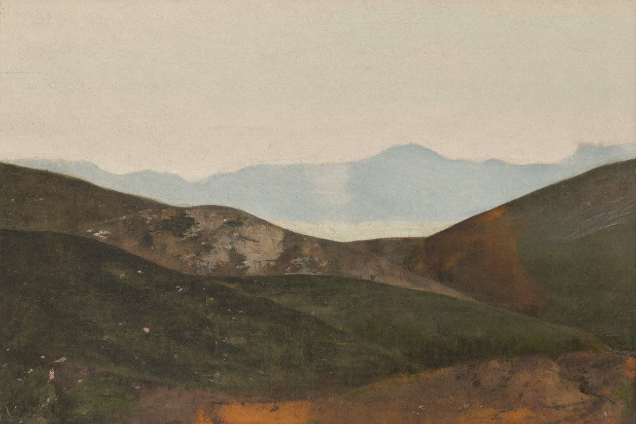 Dark foreground hills with pale blue mountain ridges and a cream sky with clear color and shape detail