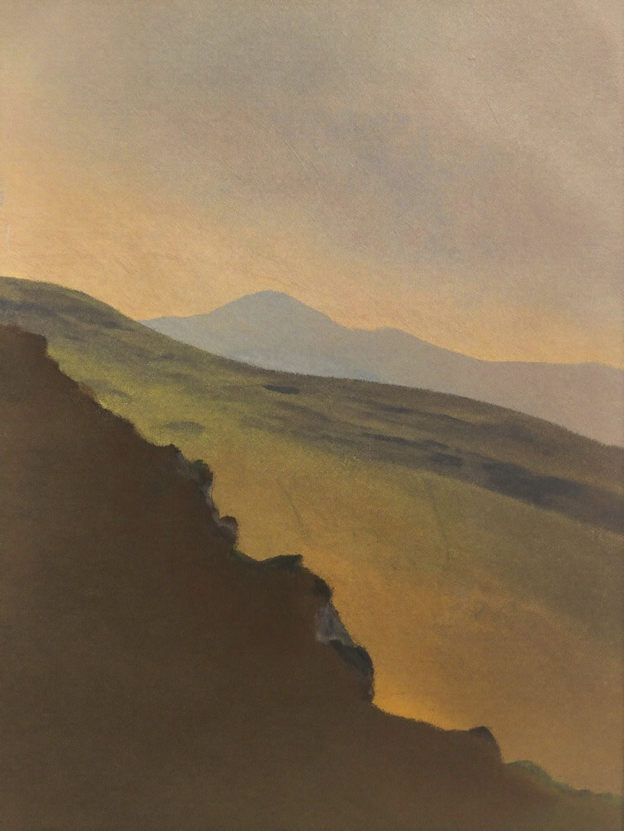 Dark left ridge, gold valley, and pale mountain layers under a soft gray sky