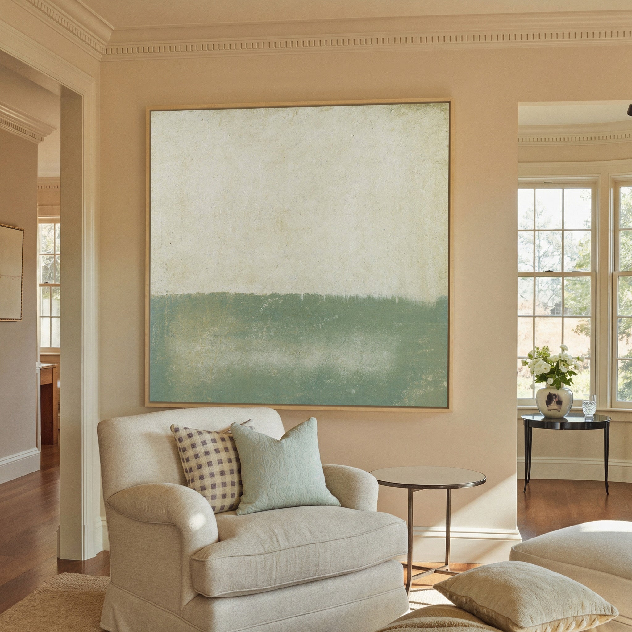 soft sage and cream abstract with a low canvas wall art in a natural wood frame in a styled room setting