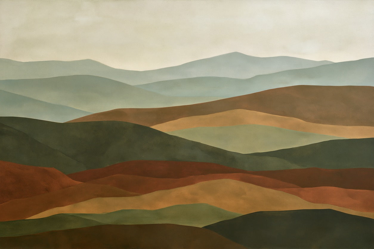 Layered rolling hills in sage, olive, rust, and tan beneath a pale open sky
